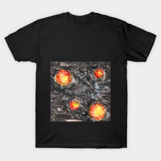Bright colorful landscape with space and flying planets. Night Universe. Art, painting. Encaustic, art decoration, sketch. Illustration hand drawn modern T-Shirt